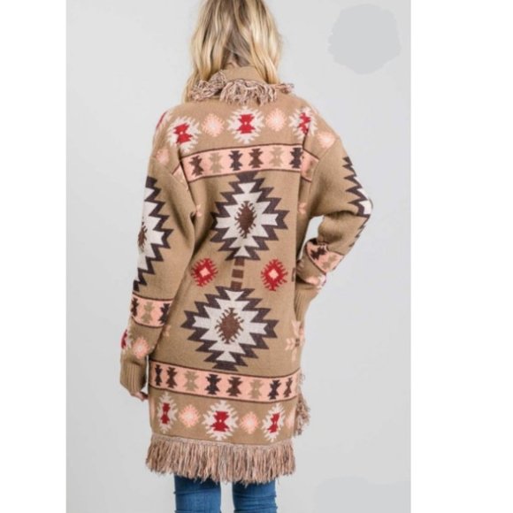 Tribal Aztec Print Open Cardigan 2X 3X Taupe Brown Oversized  Fringe det… - Picture 2 of 6